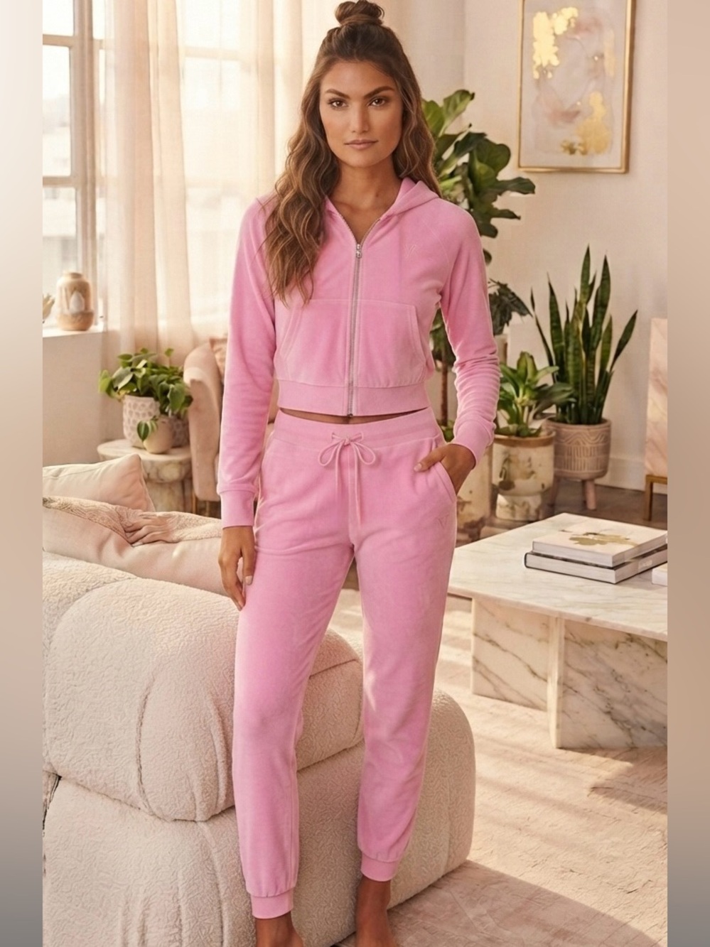 VS MEDIUM 2PC SET Velour Full-Zip Hoodie Jogger Electric Pink TRACK
